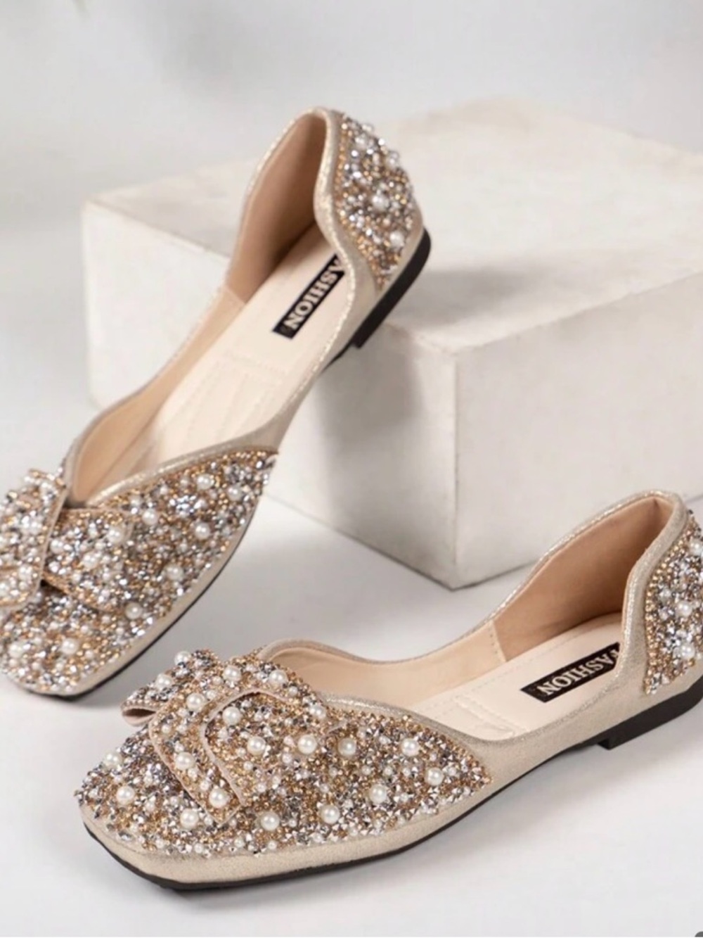 Gold Rhinestone & Pearl Bow Flats | Size 8 | Sparkly Dressy Slip-On Shoes | NWOT